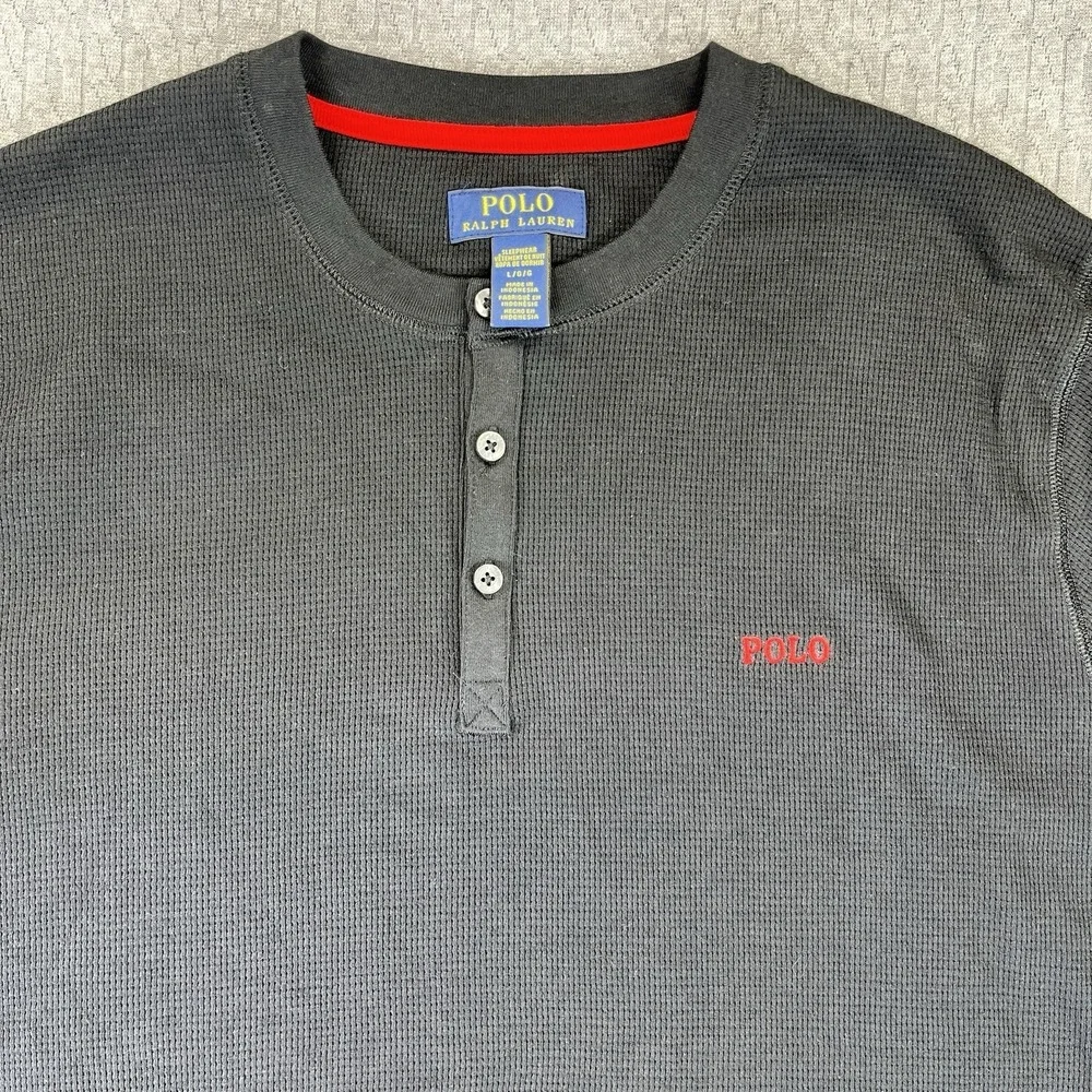 Polo Ralph Lauren Men's (L) waffle knit thermal‎ long sleeve polo black shirt